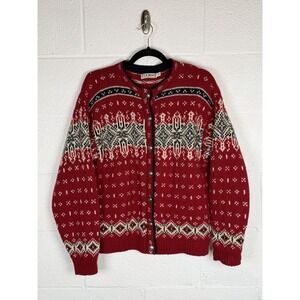 Vtg Women's L.L. Bean Size M Wool Fair Isle Nordic Cardigan Sweater Red USA